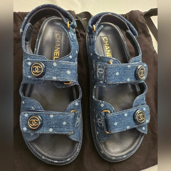 CHANEL | Shoes | Chanel Dad Sandals Printed Denim 38 | Poshmark